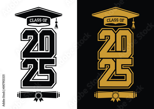 Lettering Class of 2025 for greeting, invitation card. Text for graduation design, congratulation event, T-shirt, party, high school or college graduate. Vector on transparent and black background