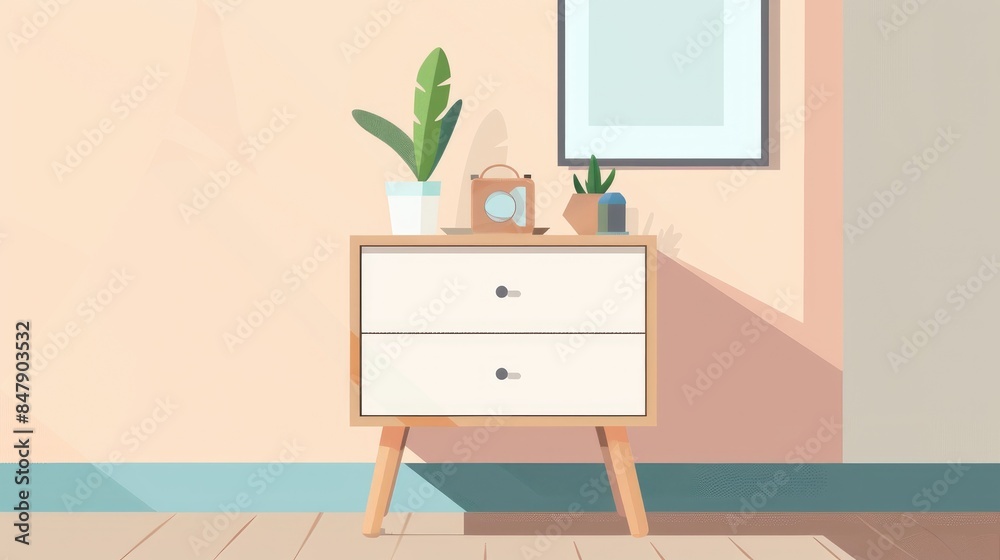 Illustration of a stylish bedside table in a flat cartoon design perfect for any apartment or bedroom