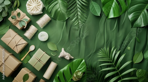 A conceptual image of eco-friendly packaging materials arranged artistically on a green, leafy background, promoting sustainability in packaging. photo