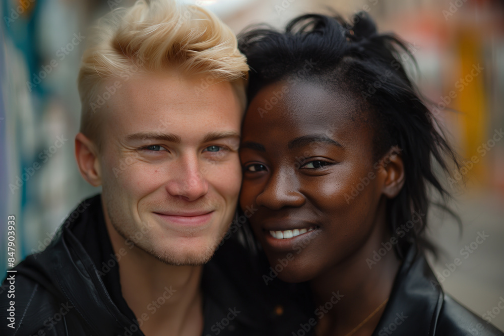 Smiling interracial couple portrait, embrace and happiness concept Smiling interracial couple portrait, embrace and happiness concept