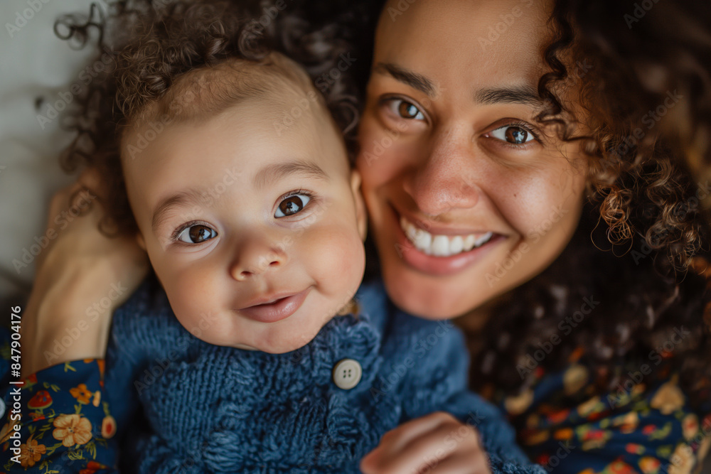 Smiling woman holding happy baby, family bonding concept Smiling woman holding happy baby, family bonding concept