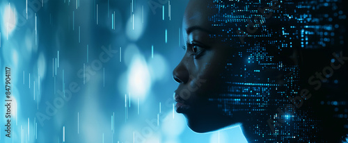 AI cyber hacking concept banner. Black female cyberspace security IT specialist analysing data threats. African american ai robot, side profile. Matrix digital rain code. Blue copy space