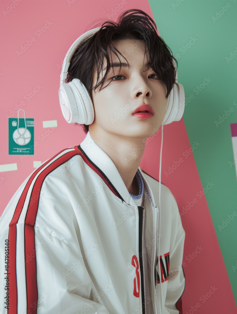 A Korean boy in a white jacket with headphones on his head, leaning against a pink and green wall decorated in the style of hand-drawn elements, light pastel colors in the background, AI-generated