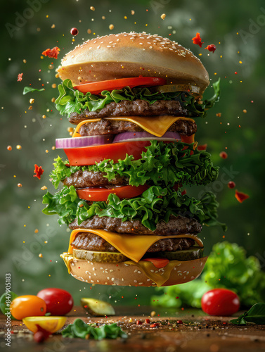 A towering, gourmet cheeseburger with multiple layers of beef patties, cheese, lettuce, tomato, and onion, exploding with vibrant ingredients against a blurred green background, AI-generated