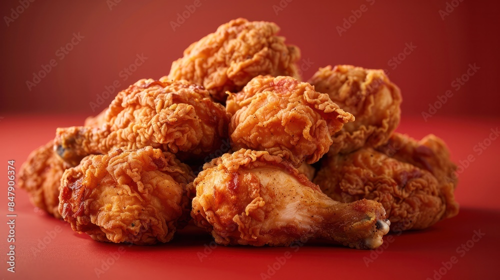 A pile of crispy fried chicken pieces on a red background. The deliciously crunchy texture and savory aroma of the fried chicken make it an irresistible and mouth-watering treat, AI-generated A pile of crispy fried chicken pieces on a red background. The deliciously crunchy texture and savory aroma of the fried chicken make it an irresistible and mouth-watering treat, AI-generated
