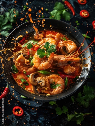 A dynamic and vibrant bowl of Tom Yum Goong, a traditional Thai soup, splashed with rich broth and garnished with fresh herbs, mushrooms, and chili peppers, the essence of Thai cuisine.