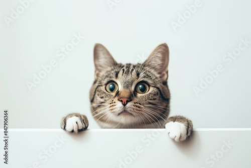 Curious Tabby Cat Peeking Over White Surface With Wide Eyes