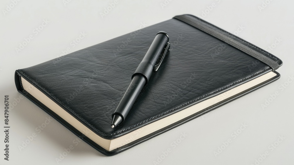 a gray open notebook with a leather cover and a black pen on a light plain background a gray open notebook with a leather cover and a black pen on a light plain background