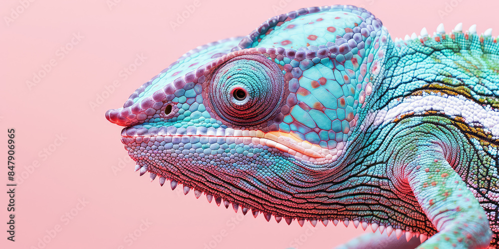 Fototapeta premium Close up chameleon portrait in pastel colors palette on simple colored background with copy space