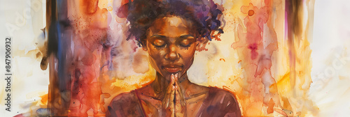 Watercolor Portrait Praying Black Woman Curly Hair Religion Peace