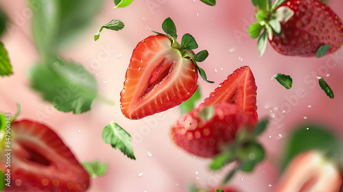 Fresh stawberry pieces flying around. 3d design, Suitable for food, beverage and design elements
