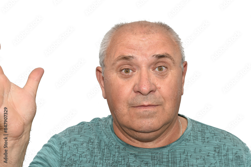 Portrait of a man who is surprised by something, he raised his hand. Portrait of a man who is surprised by something, he raised his hand.