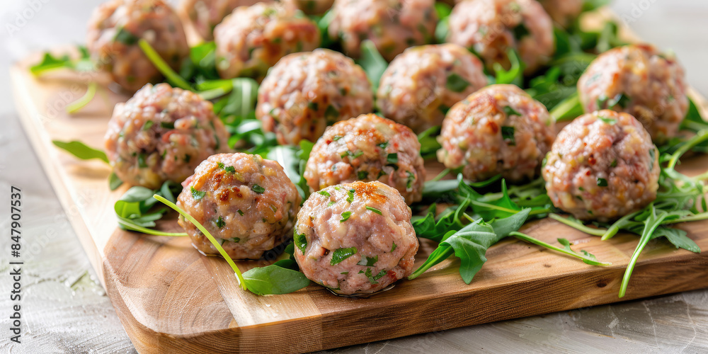 Minced raw meatballs with greens on a wooden board on a light-colored table Minced raw meatballs with greens on a wooden board on a light-colored table
