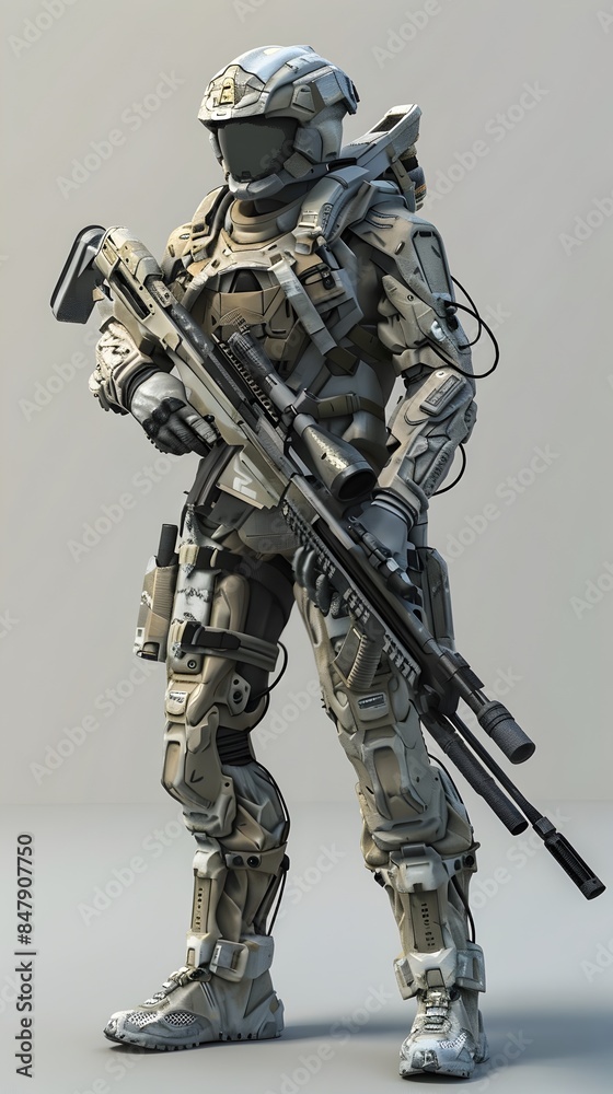 Fototapeta premium Highly Trained Tactical Sniper with High Powered Rifle in Disciplined Posture