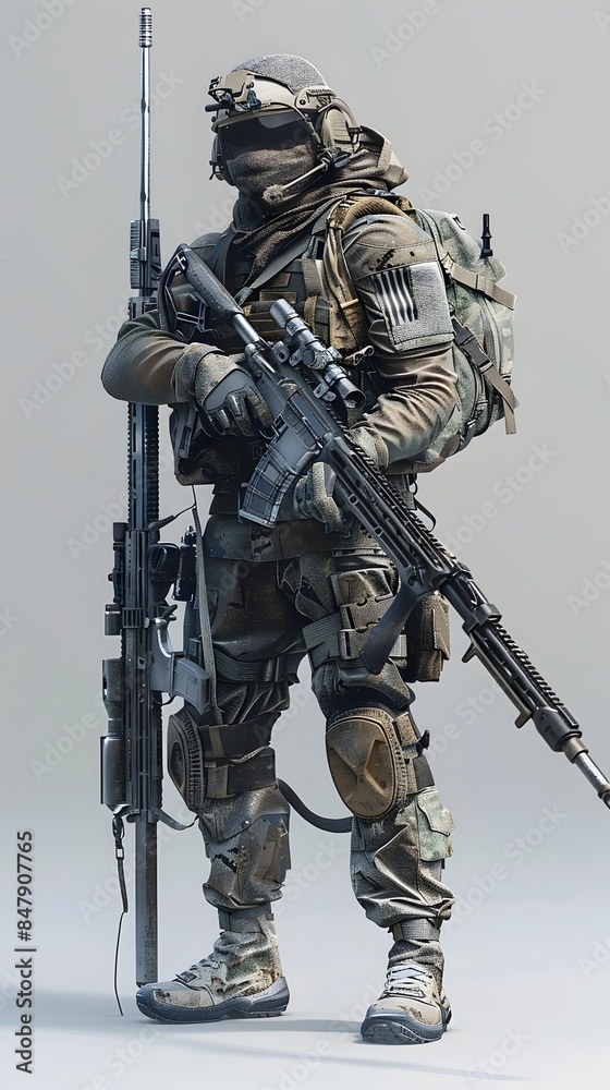 Naklejka premium Rugged AI Rendered Military Sniper with Tactical Gear and High Powered Rifle for Precision Aim