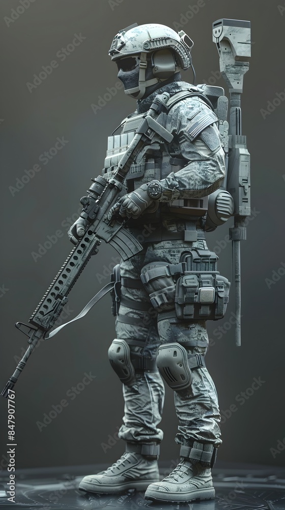 Rugged Military Sniper in Tactical Gear Aiming High Powered Rifle with Precision Rugged Military Sniper in Tactical Gear Aiming High Powered Rifle with Precision