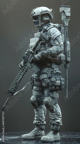 Rugged Military Sniper in Tactical Gear Aiming High Powered Rifle with Precision