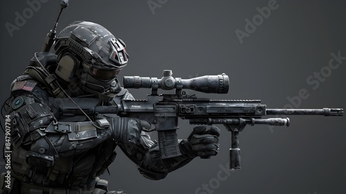Rugged 3D Rendered Military Sniper with Tactical Gear and High Powered Rifle