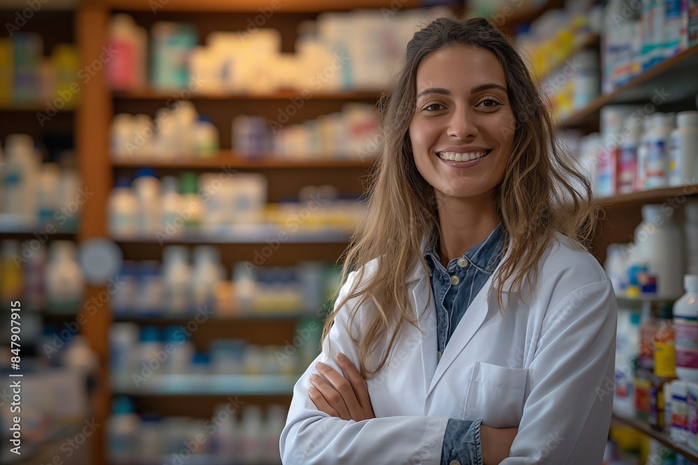 A middle-aged pharmacist with a warm smile stands in a pharmacy with a blurred background, representing professionalism and expertise in the pharmaceutical industry A middle-aged pharmacist with a warm smile stands in a pharmacy with a blurred background, representing professionalism and expertise in the pharmaceutical industry