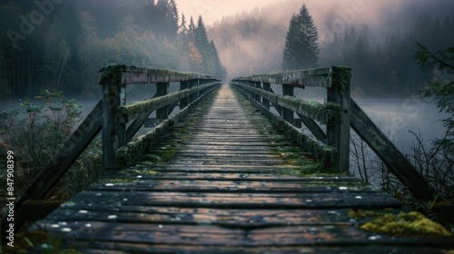 A long  lonely  ancient wooden bridge photo