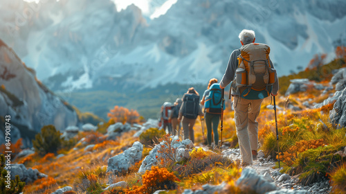 Group of people hiking up a mountain. Generative AI