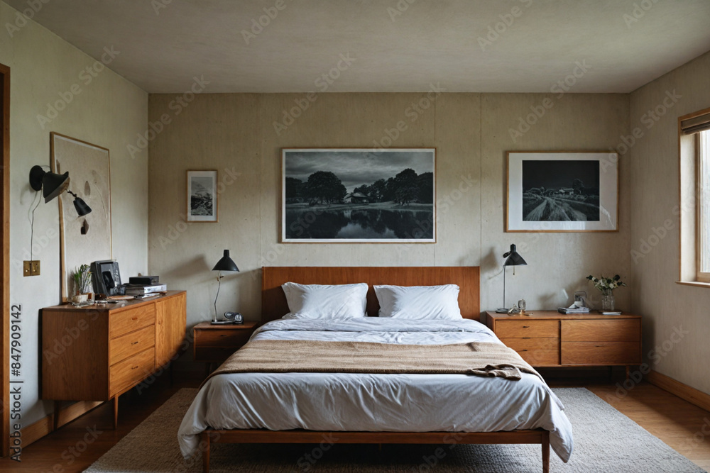 a bedroom of a modern brutalist house in the english countryside, gallery wall of framed art, minimalist wood furniture, ultra realistic and extremely detailed, a bedroom of a modern brutalist house in the english countryside, gallery wall of framed art, minimalist wood furniture, ultra realistic and extremely detailed,