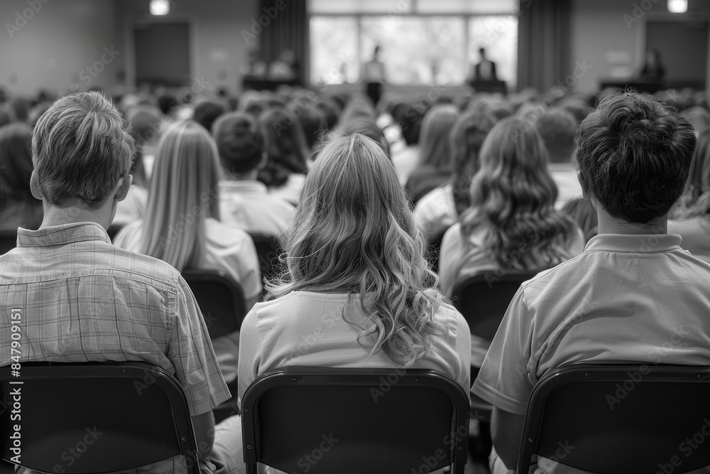 Fototapeta premium Black And White Photo Of Attendees Listening To A Speaker At A Large Event