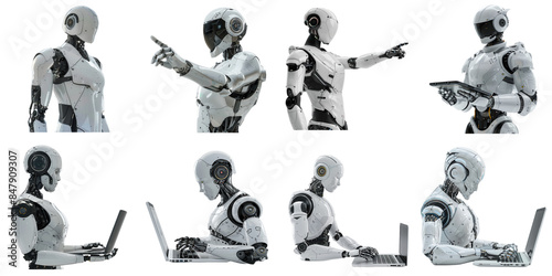 Set of robot AI using laptop png mockup in 3d without background for decoration.