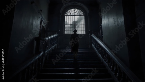 A short story about a mysterious figure who only appears on the staircase at midnight, never seen elsewhere ai-generated