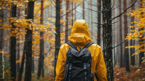 A woman hiking in the forest wears a yellow raincoat with a backpack  © Imron