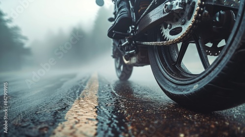 Close-up of motorbike tires on wet asphalt road with reflections of rainwater in natural elements