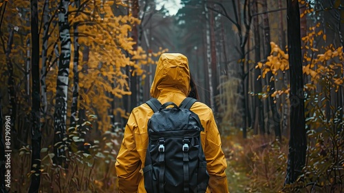 A woman hiking in the forest wears a yellow raincoat with a backpack 