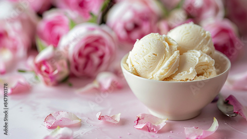 Two scoops of vanilla ice cream close-up, decorated with fresh rosebuds, soft bokeh in the background.