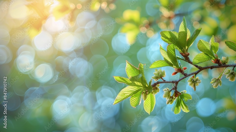 Springtime scene of blurred background with chestnut twigs featuring fresh leaves and buds Springtime scene of blurred background with chestnut twigs featuring fresh leaves and buds