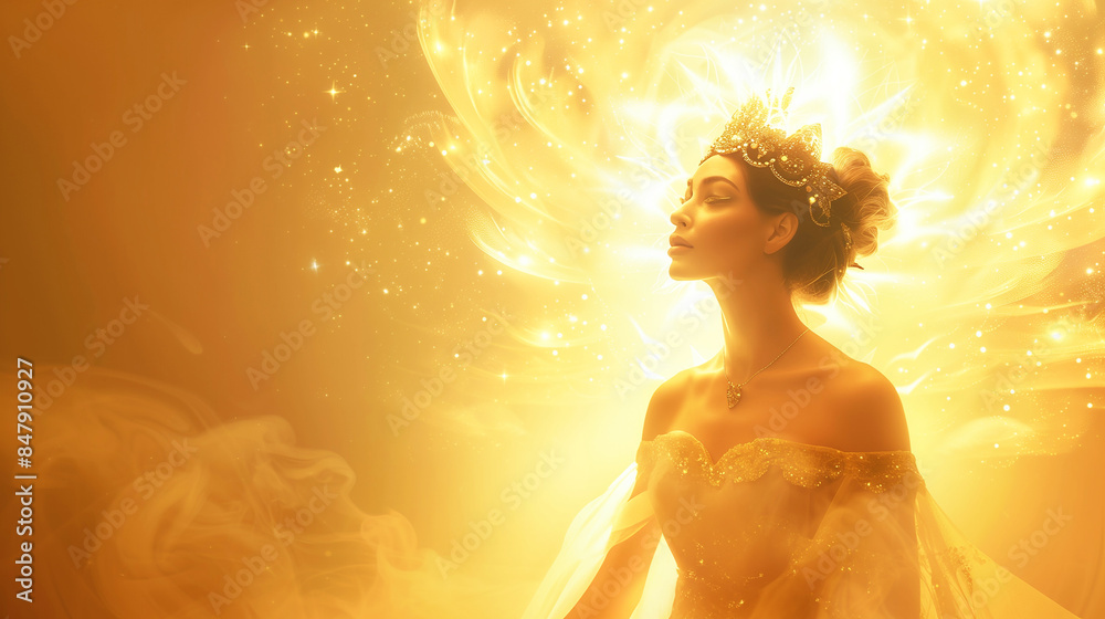 A stunning woman with a radiant golden aura, embodying ethereal beauty and grace. She wears an intricate crown and a shimmering dress, evoking a sense of divinity and elegance. A stunning woman with a radiant golden aura, embodying ethereal beauty and grace. She wears an intricate crown and a shimmering dress, evoking a sense of divinity and elegance.