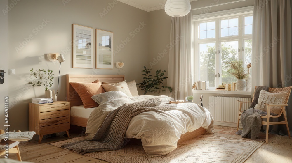 Scandinavian-style bedroom featuring light wood furnishings, cozy textiles, and soft, neutral colors creating a tranquil atmosphere Scandinavian-style bedroom featuring light wood furnishings, cozy textiles, and soft, neutral colors creating a tranquil atmosphere