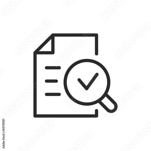 Document verification, linear style icon. Document with charts and magnifying glass with checkmark. Editable stroke width.