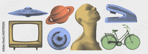 Mannequin, bicycle, eye, planet, alien ship,TV set. Vector halftone contemporary collage elements with retro stipple effect for scrapbook. Dot texture.