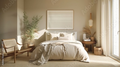 serene bedroom with soft, neutral tones, plush bedding, and minimalist decor promoting relaxation and tranquility © Aeman