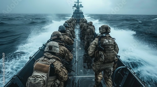 A line of military personnel seated firmly in a rigid-hulled inflatable boat speeding away from a naval vessel in the sea