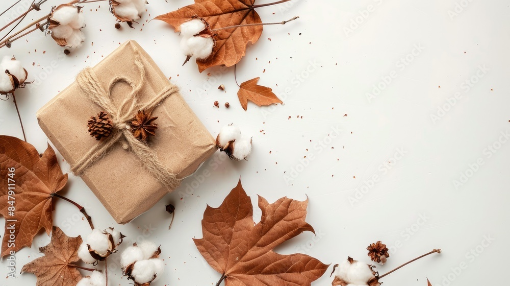 Autumn or winter composition. Gift dried autumn leaves cotton flowers on white background Autumn or winter composition. Gift dried autumn leaves cotton flowers on white background
