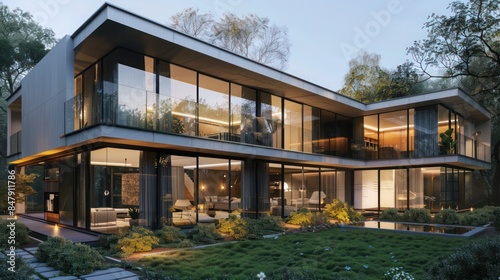 sleek, modern duplex with large glass windows and minimalist landscaping