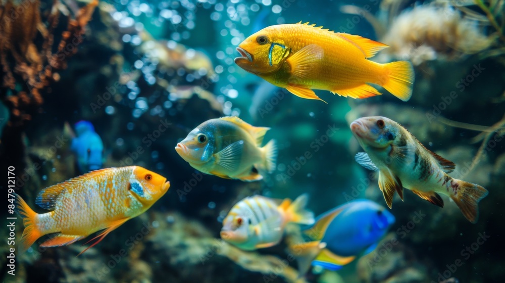 Naklejka premium A group of colorful fish swimming gracefully in a well-decorated aquarium.
