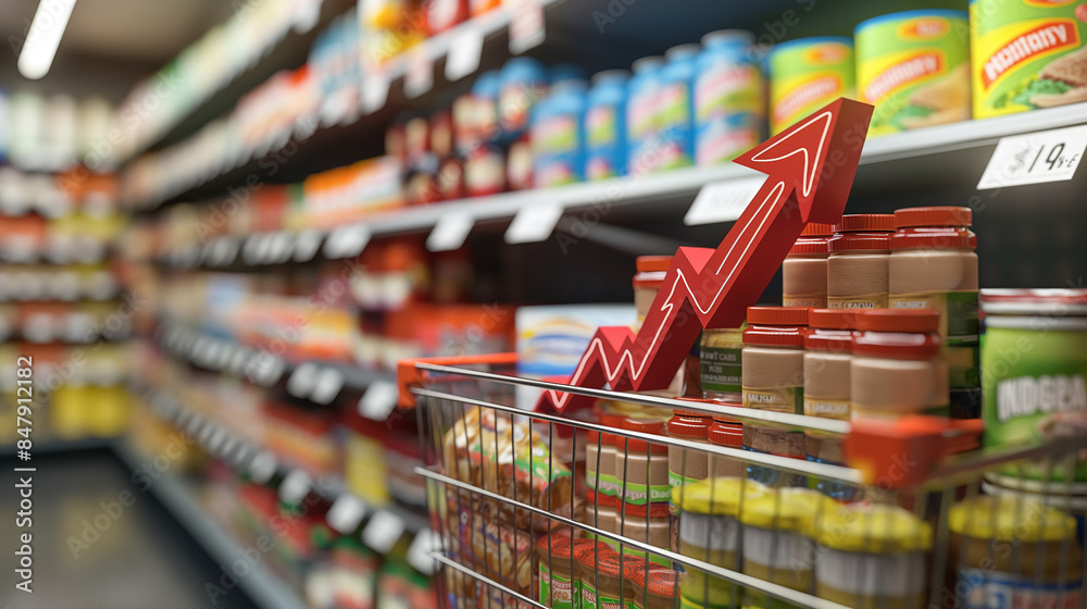 Illustration of rising grocery prices depicted as a financial graph with a 3D rendered arrow, symbolizing an inflation crisis in food costs