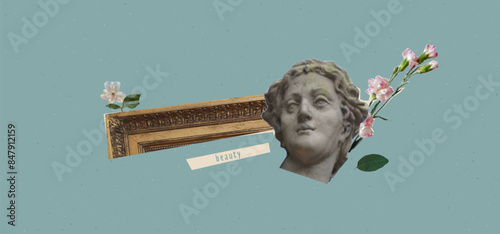 Collage banner with antique marble statue head and frame and flowers. Blue chinese paper texture background. Vintage cover for beauty blog. Female grunge rococo trendy style.