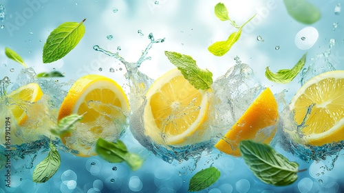 Fototapeta Naklejka Na Ścianę i Meble -  Lemon fruit slice, mint leaves and citrus fruits flying, in water with water splashes. Fresh summer feelings, refreshing in summer