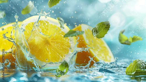 Fototapeta Naklejka Na Ścianę i Meble -  Lemon fruit slice, mint leaves and citrus fruits flying, in water with water splashes. Fresh summer feelings, refreshing in summer