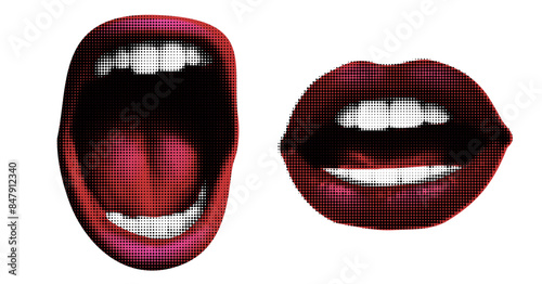Female mouth in halftone treatment for collage isolated on white background.Sexy lips, vector trendy illustration in dot like pop art.