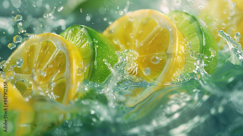 Fototapeta Naklejka Na Ścianę i Meble -  Lemon fruit slice, mint leaves and citrus fruits flying, in water with water splashes. Fresh summer feelings, refreshing in summer