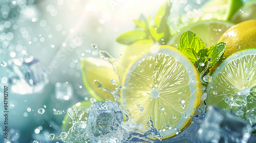 Lemon fruit slice, mint leaves and citrus fruits flying, in water with water splashes. Fresh summer feelings, refreshing in summer